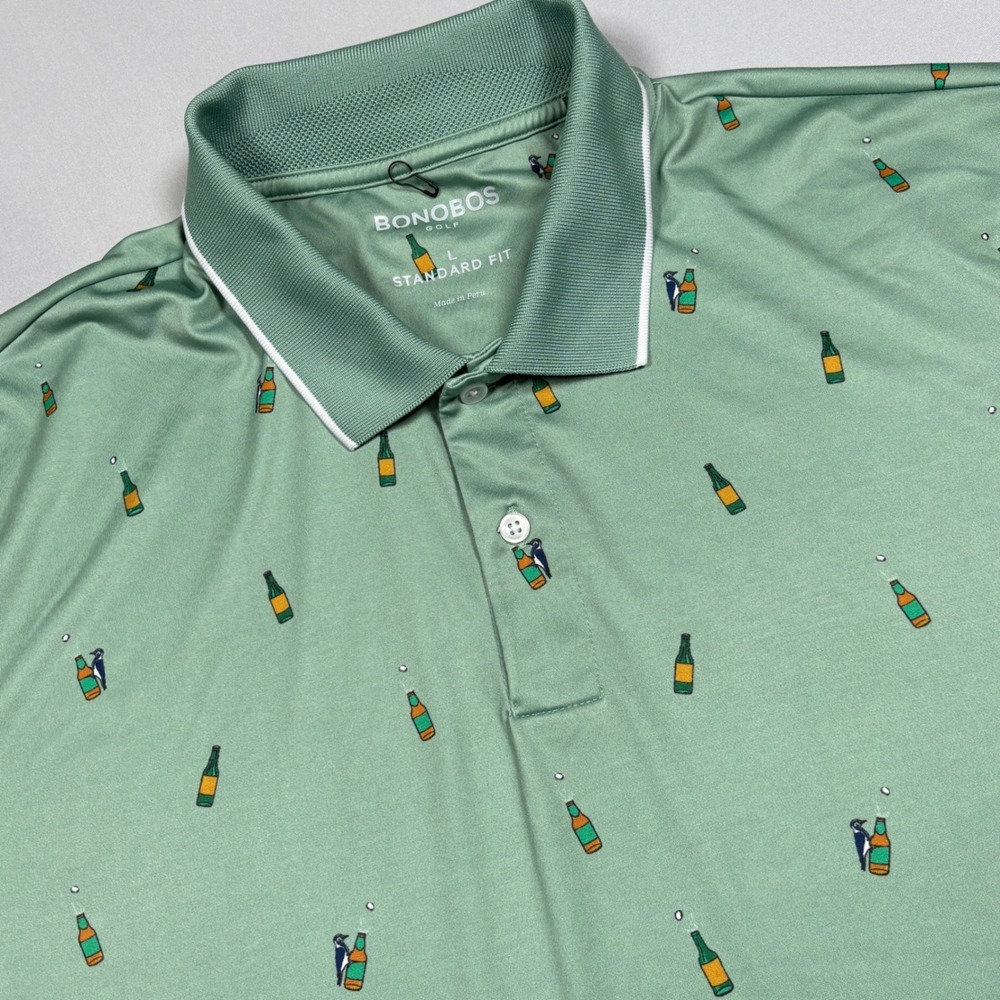 Bonobos Golf Polo Shirt Mens Large Green Beer Bird Novelty Print GKT10928D L